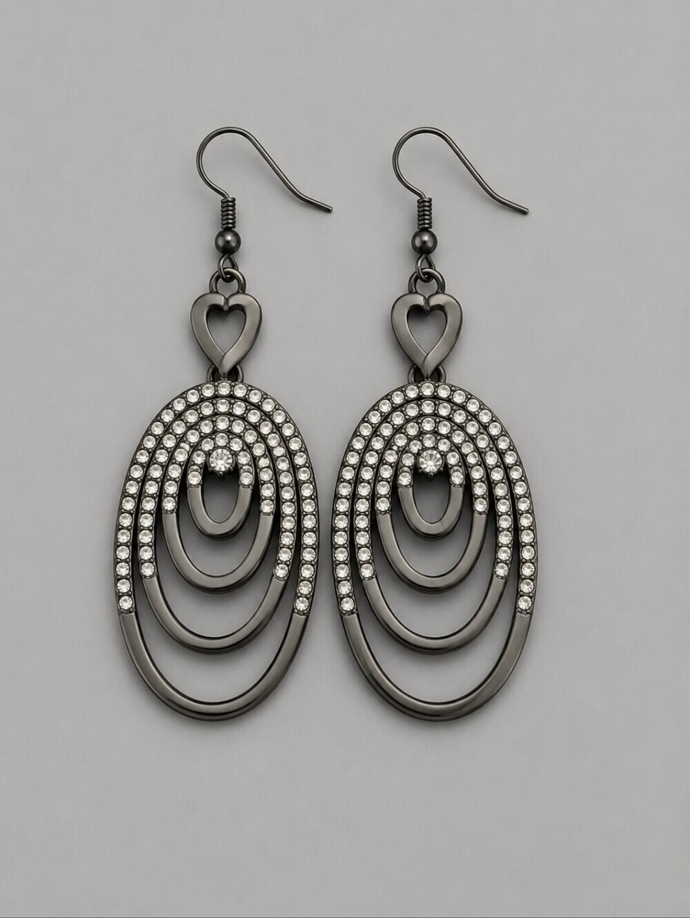 3/$30 Gunmetal Rhinestone Atomic Spiral Nebula Dangle Hook Earrings